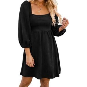 Black Babydoll Dress Small Faux Suede Square Neck High Waist 3/4 Sleeve Boho NWT